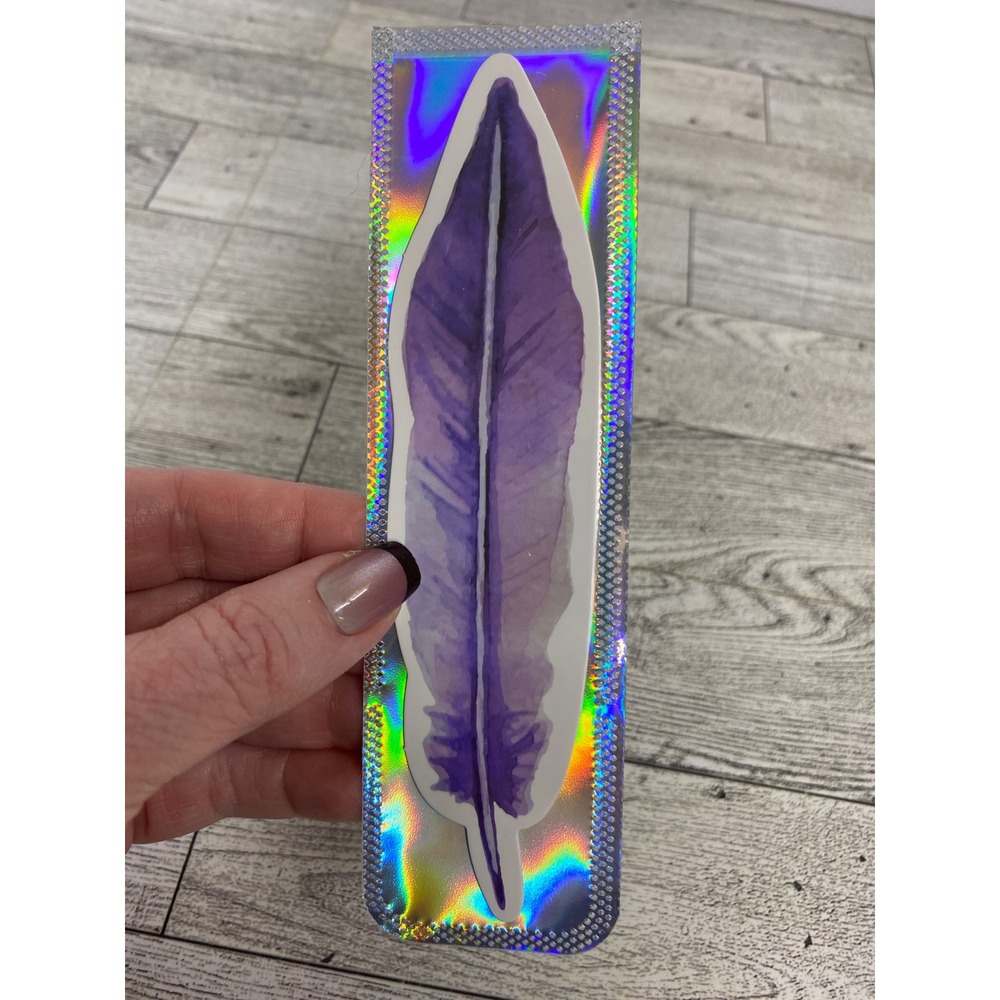 Whimsical Purple Feather Die-Cut Bookmark Holographic Sleeve - Boho Cottagecore